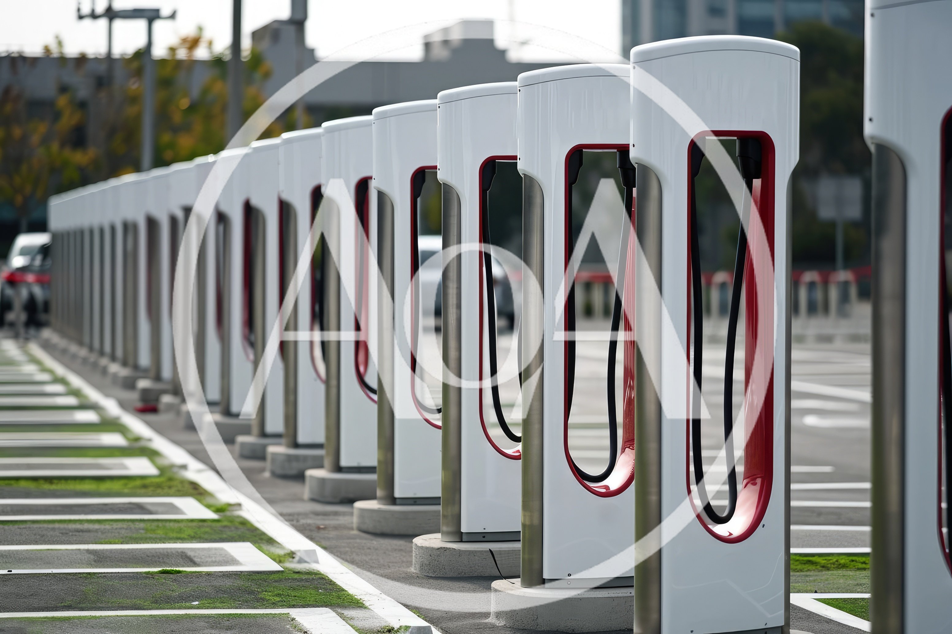 Row of Tesla Supercharger Stations in Parking Lot