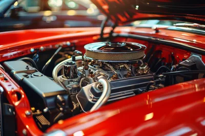 Close Up Of A Classic Red Car Engine