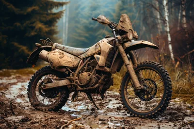 Muddy Dirt Bike Parked On Forest Trail