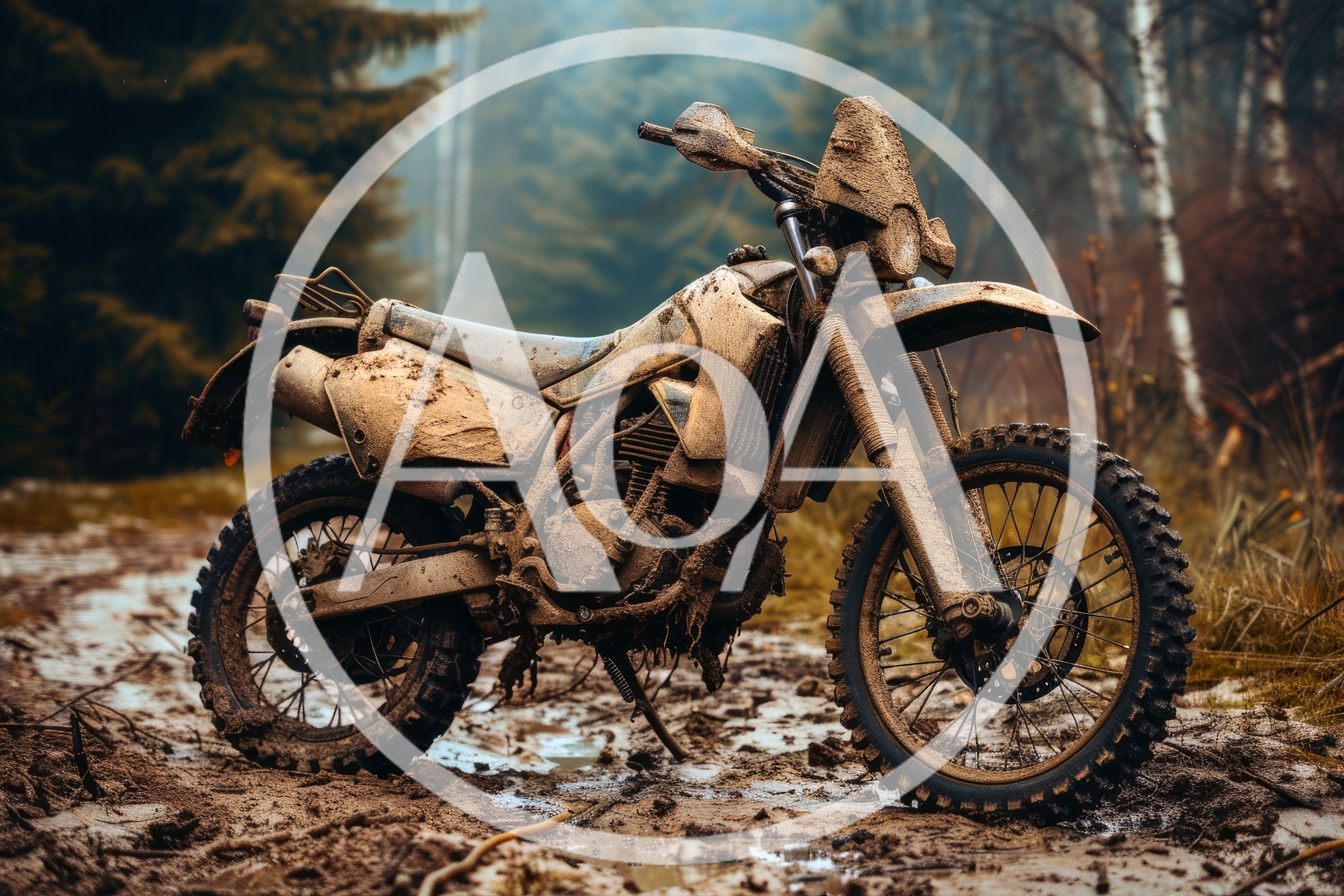 Muddy Dirt Bike Parked On Forest Trail