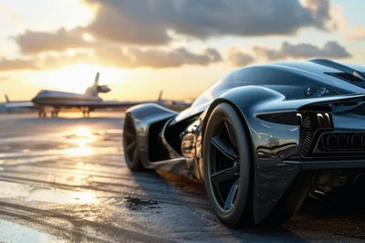 Futuristic Supercar Parked On Airport Tarmac At Sunset