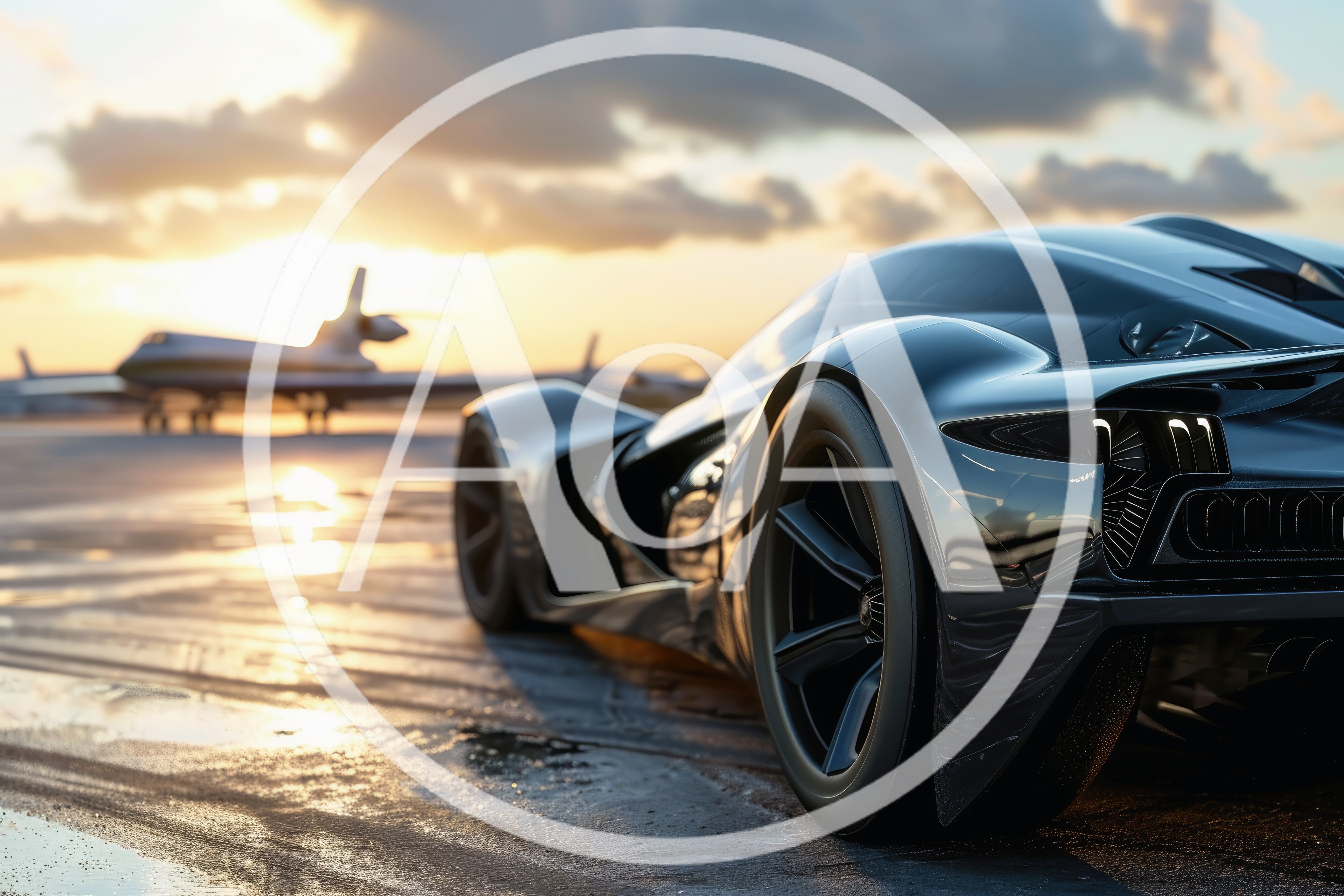Futuristic Supercar Parked On Airport Tarmac At Sunset