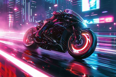 Cyberpunk Superbike Speeding Through Neon City Streets