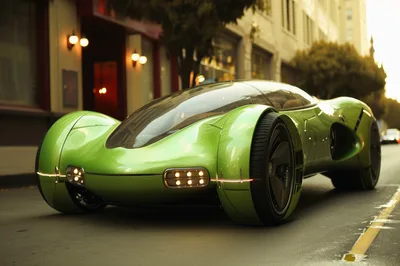 Futuristic Green Concept Car Driving On City Street