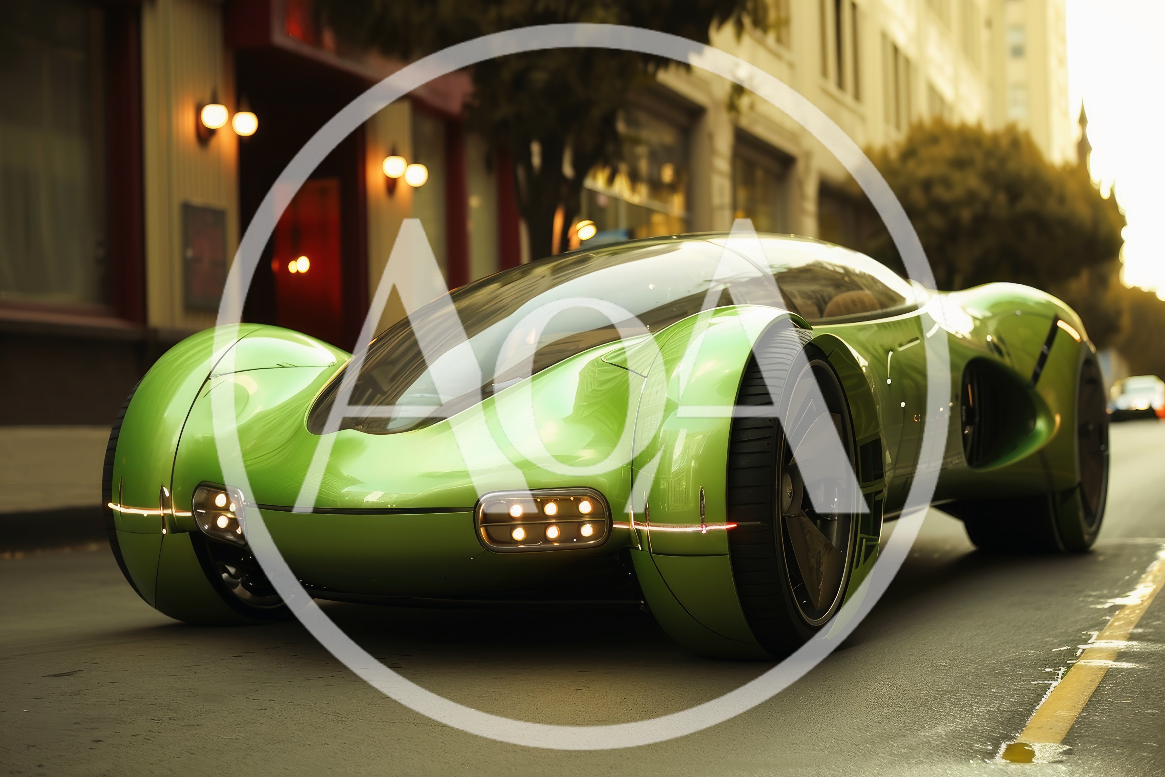 Futuristic Green Concept Car Driving On City Street