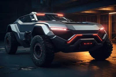 Futuristic Off-Road Concept Vehicle In Dark Industrial Garage