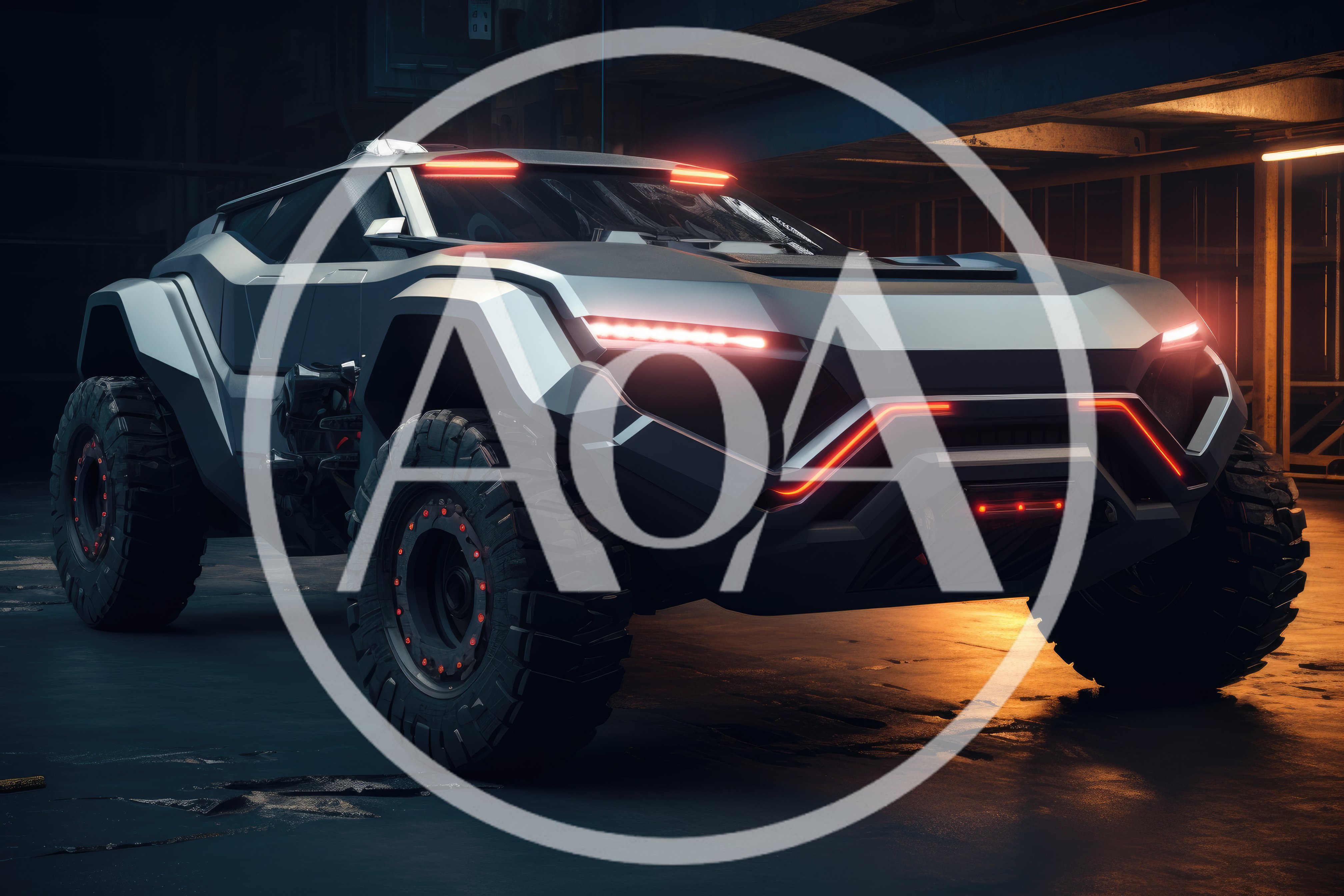 Futuristic Off-Road Concept Vehicle In Dark Industrial Garage