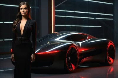 Elegant Woman Standing Beside Futuristic Concept Sports Car