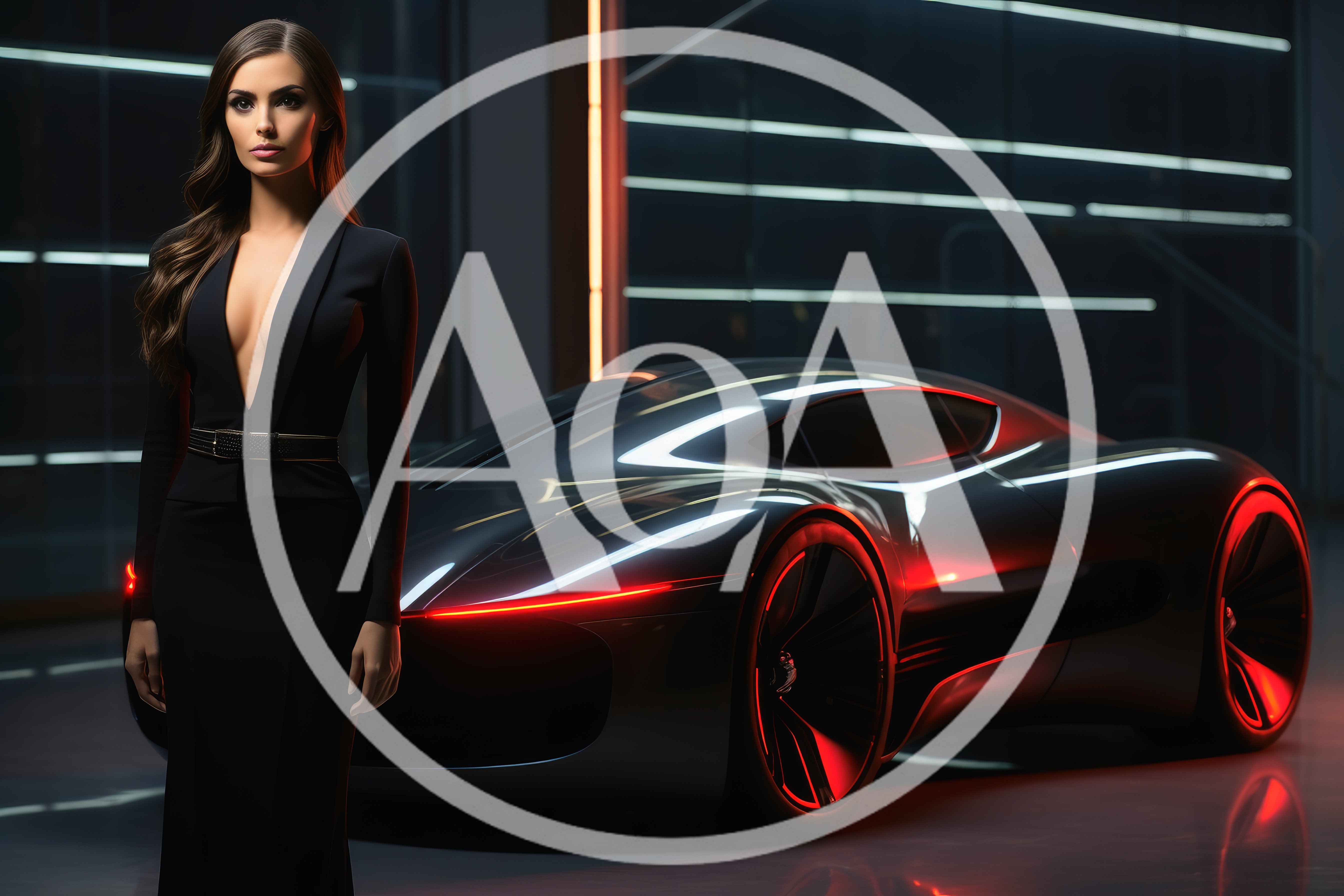 Elegant Woman Standing Beside Futuristic Concept Sports Car
