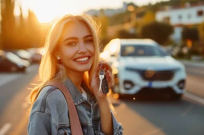 Happy Young Woman Holding Car Keys Outdoors