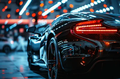 Black Supercar Rear View In Neon Lit Garage