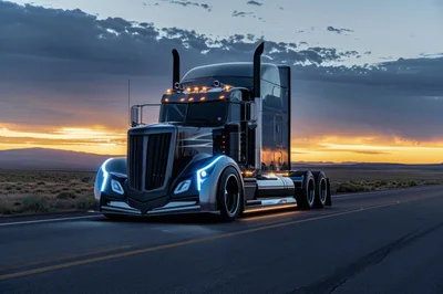 Custom Black Semi Truck Driving On Desert Highway