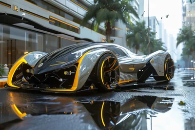 Futuristic Concept Supercar Parked On Wet City Street
