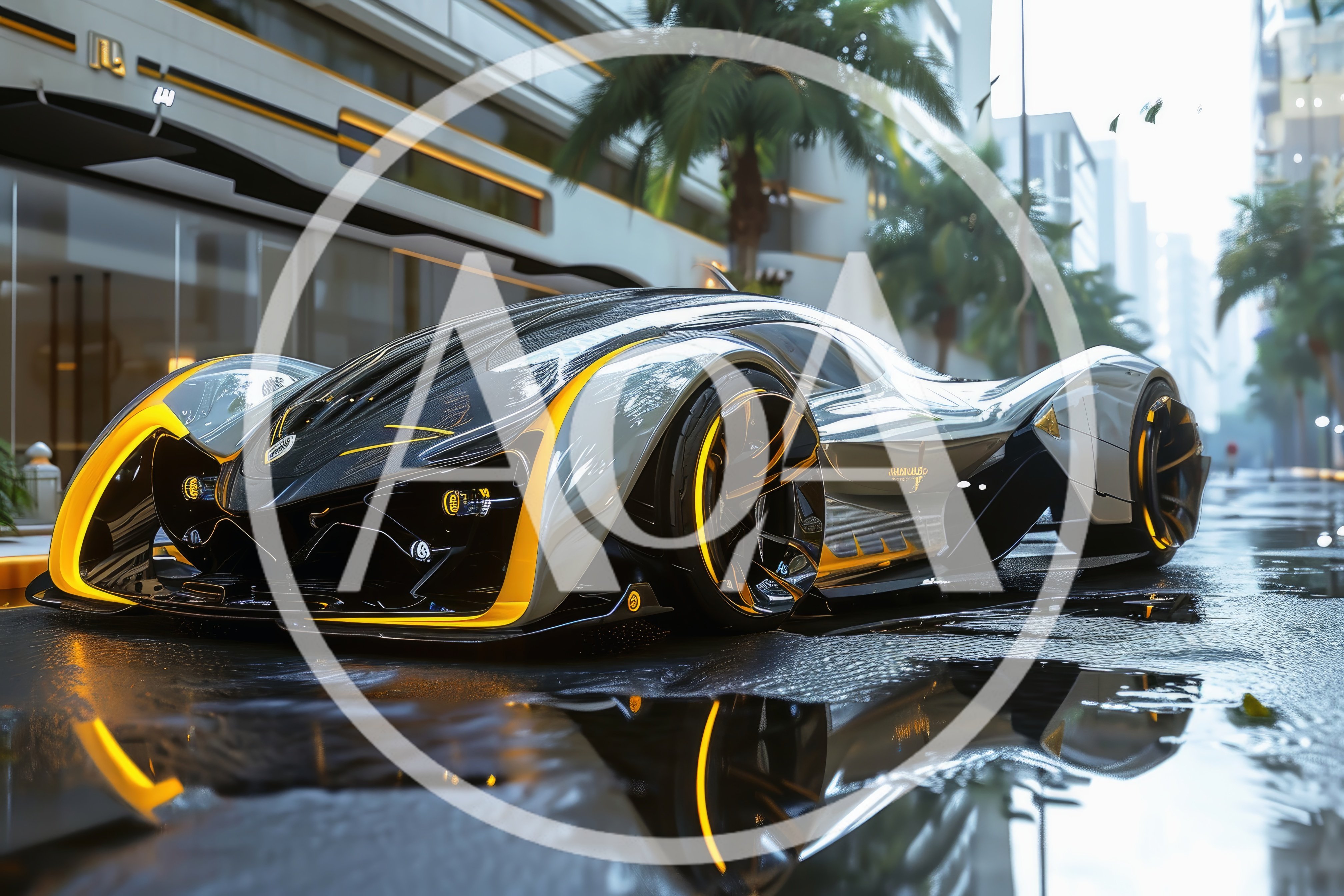 Futuristic Concept Supercar Parked On Wet City Street