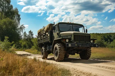 Military Cargo Truck Driving On Dirt Road