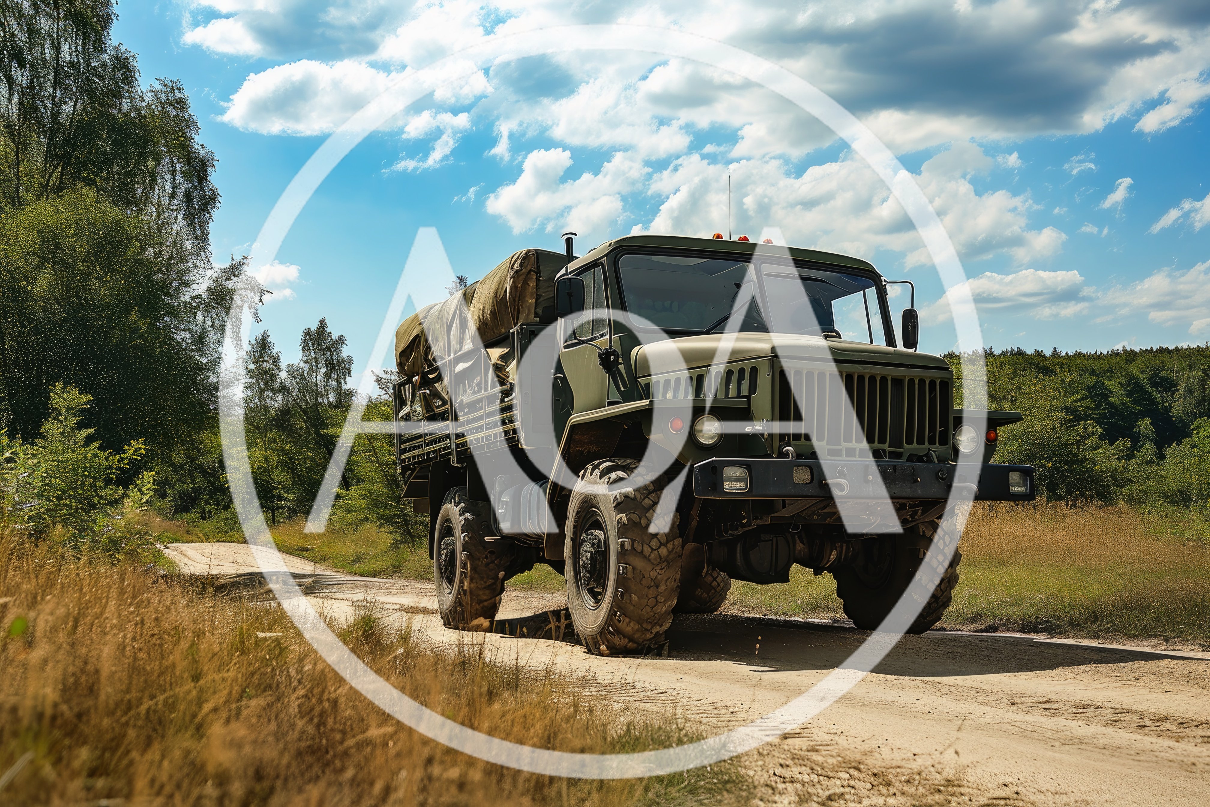 Military Cargo Truck Driving On Dirt Road