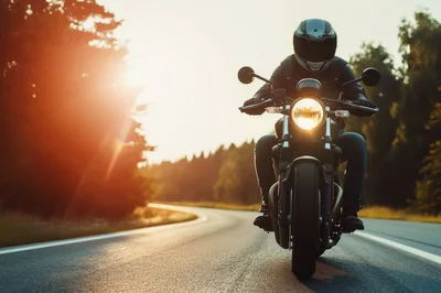 Motorcyclist Riding A Cruiser Motorcycle On A Scenic Road