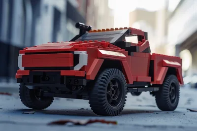 Red Lego Pickup Truck Toy On City Street