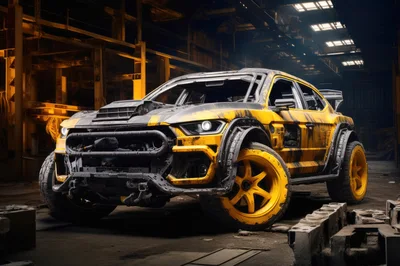 Modified Yellow Off-Road Rally Car In Industrial Warehouse