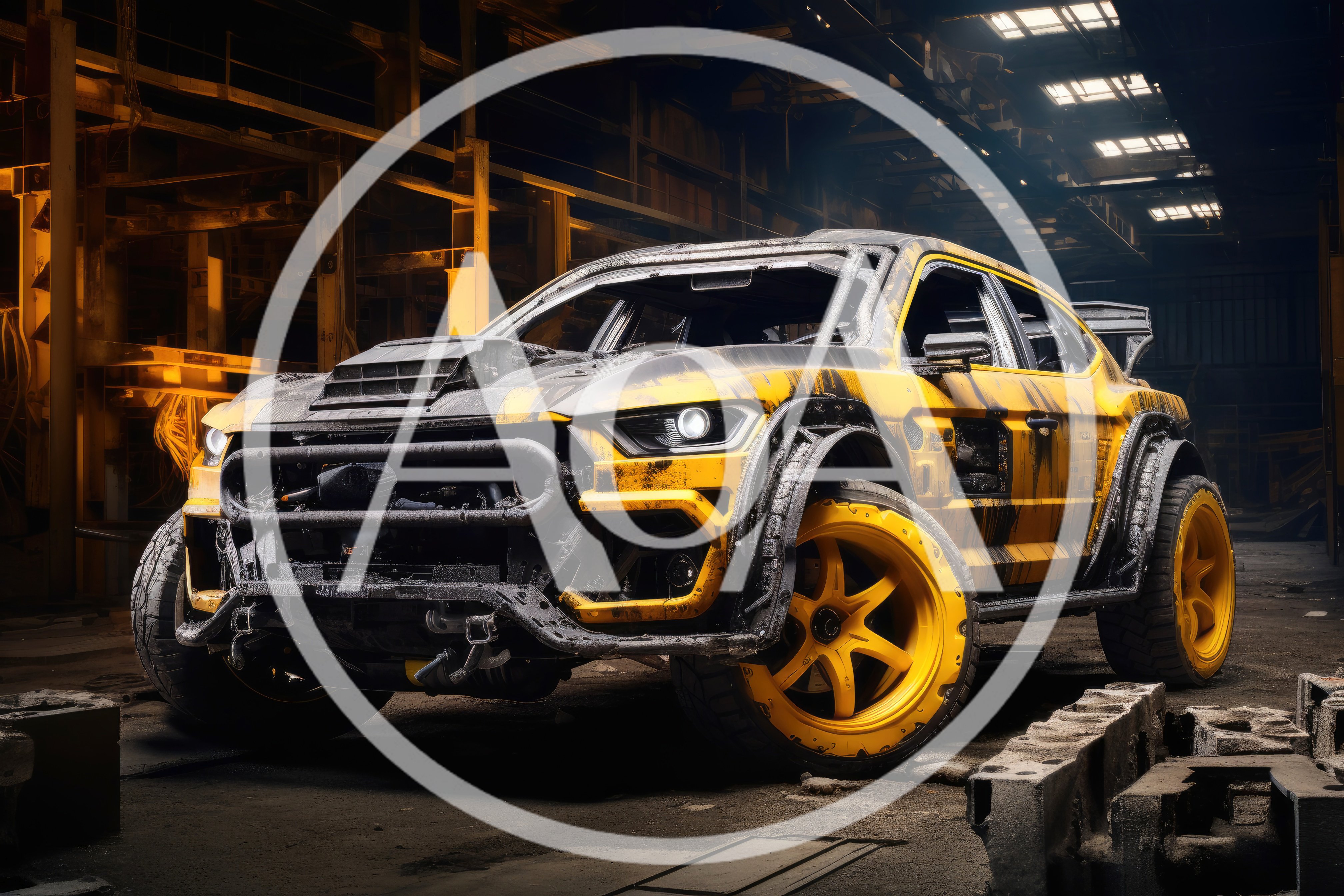 Modified Yellow Off-Road Rally Car In Industrial Warehouse