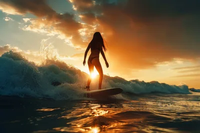 Silhouette Of A Woman Surfing At Sunset