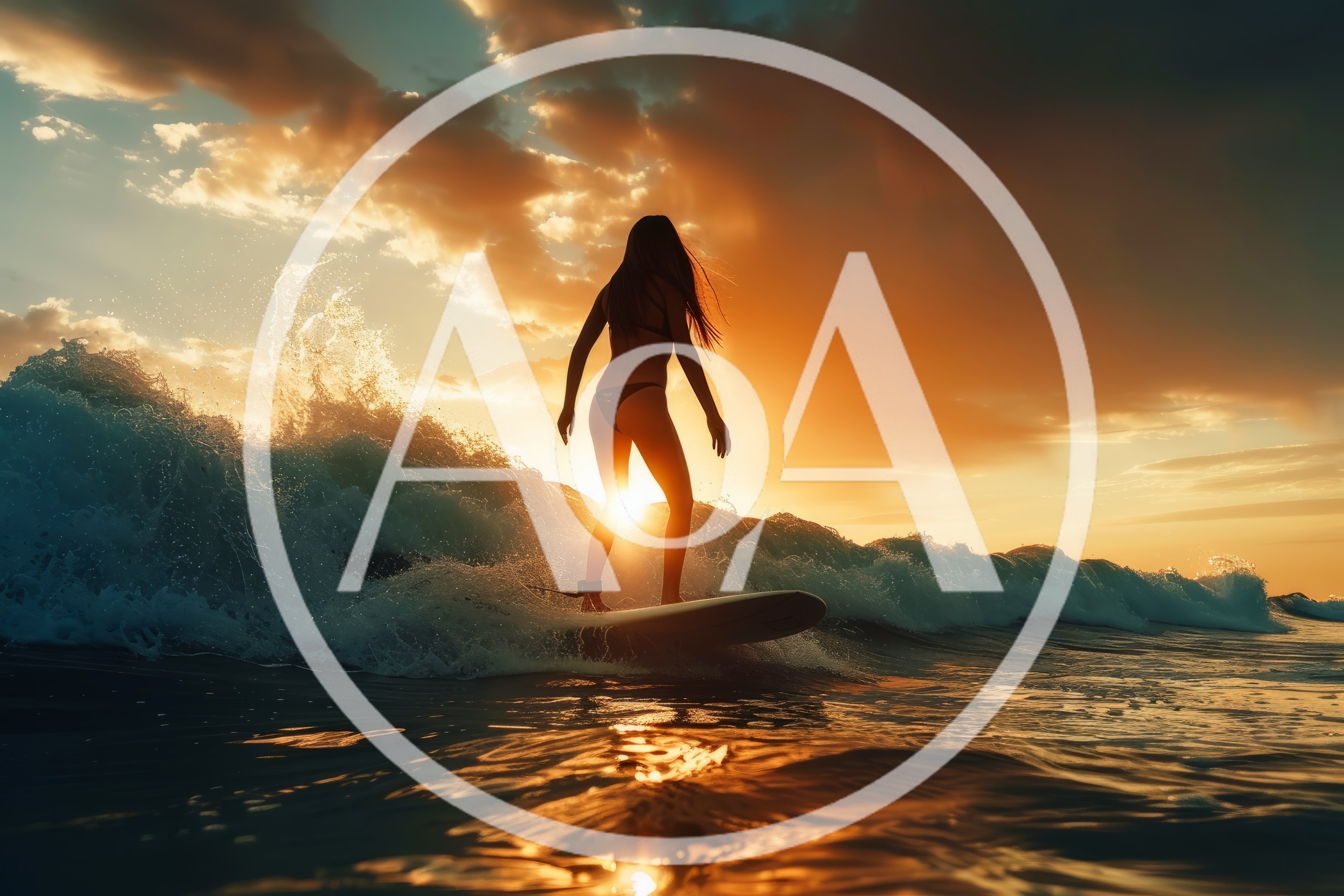 Silhouette Of A Woman Surfing At Sunset