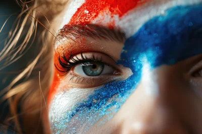 Close Up Portrait Of Woman With Patriotic Face Paint