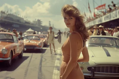 Vintage Woman Posing At A Classic Car Race Track