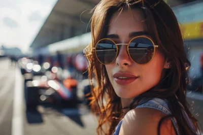 Young Woman Wearing Sunglasses At A Formula One Paddock
