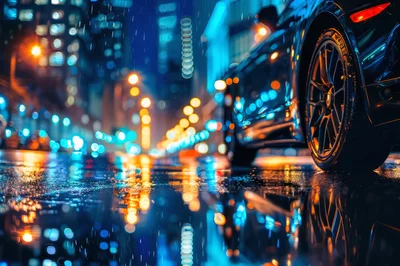 Luxury Sports Car Parked on Wet City Street at Night