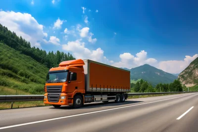 Orange Semi Truck Driving On A Mountain Highway