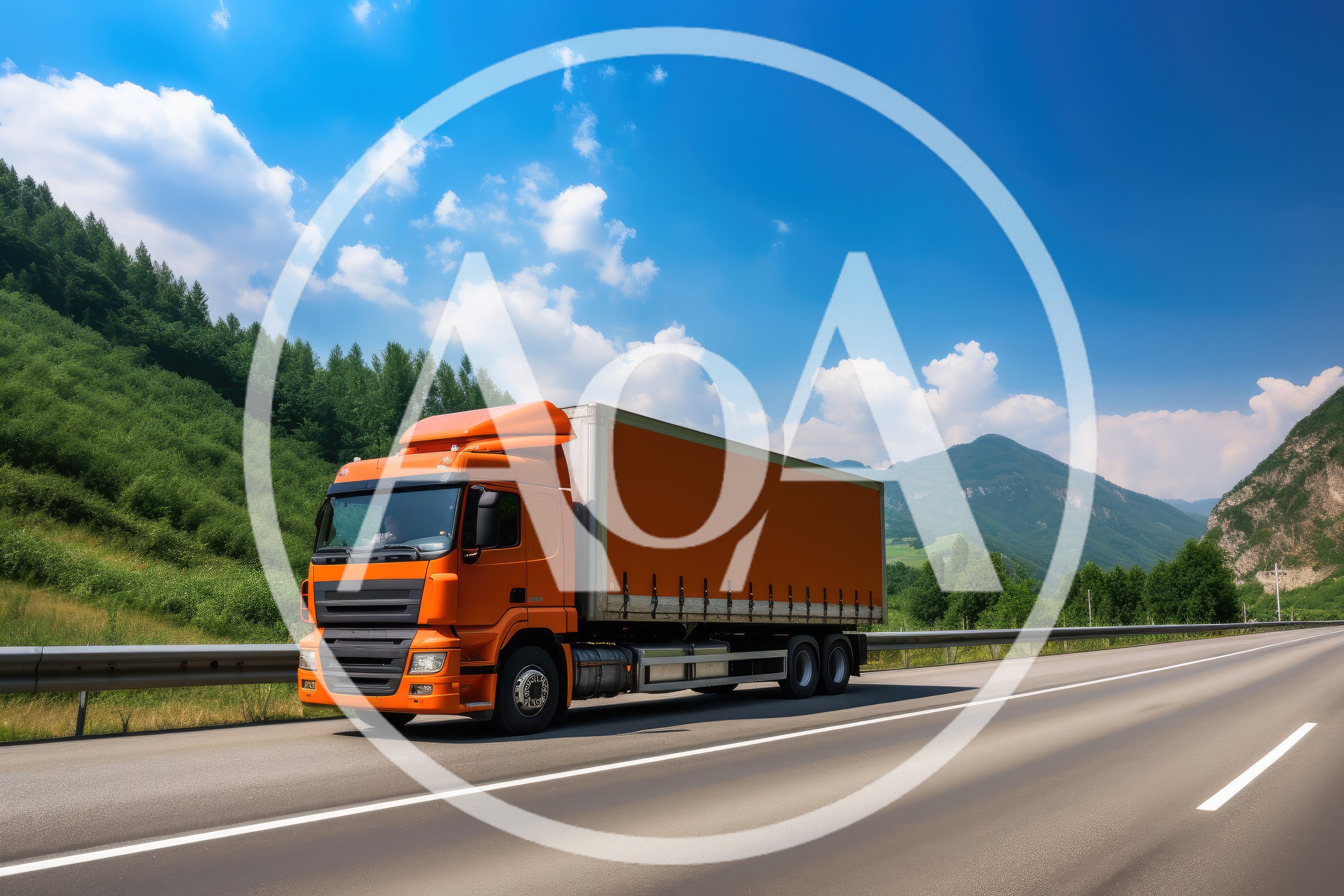 Orange Semi Truck Driving On A Mountain Highway