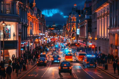 Busy London Street Scene At Night