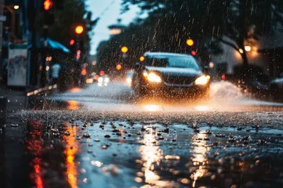Car Driving Through Heavy Rain on City Street