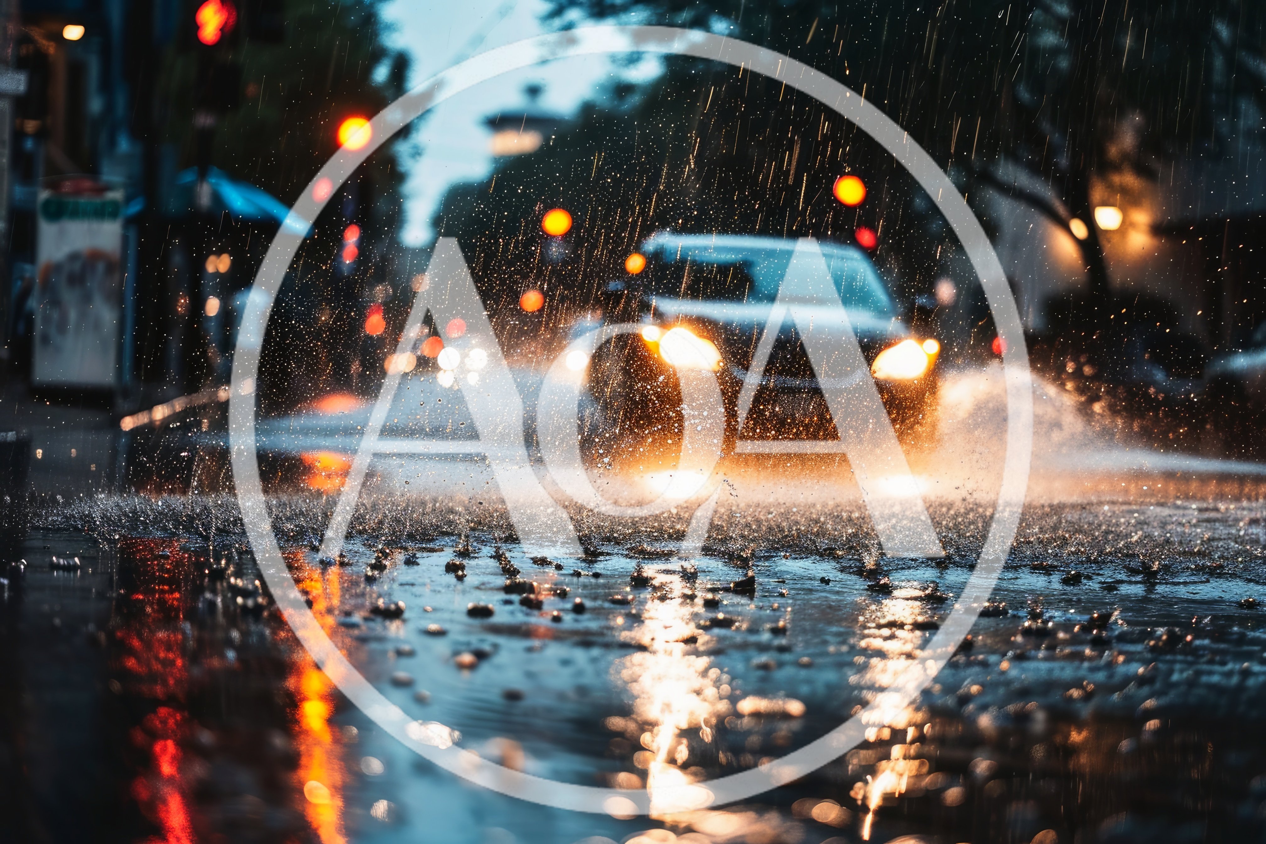 Car Driving Through Heavy Rain on City Street