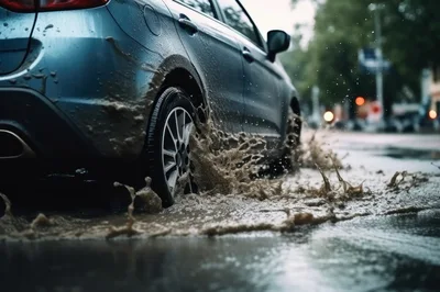Car Driving Through A Deep Muddy Puddle
