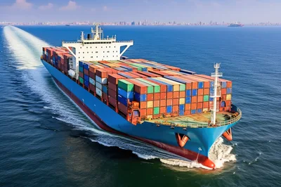 Large Container Ship Sailing Across Open Ocean