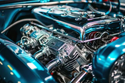 Close Up Of A Polished Chrome Car Engine