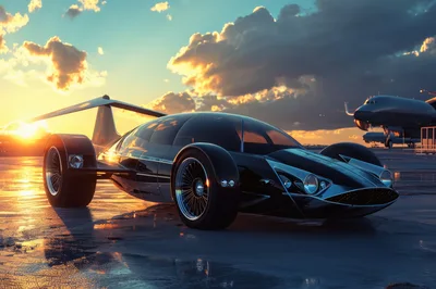 Futuristic Flying Car Concept on Airport Tarmac