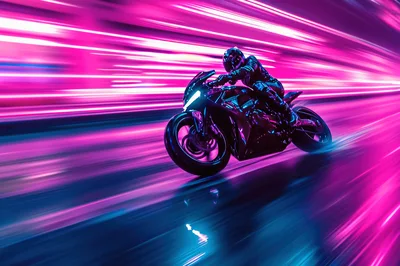 Sportbike Rider Speeding Through Neon City Lights