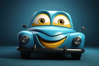 Cute Blue Cartoon Car Character With Big Eyes
