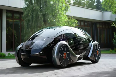 Futuristic Autonomous Concept Car Parked Outside Modern Building