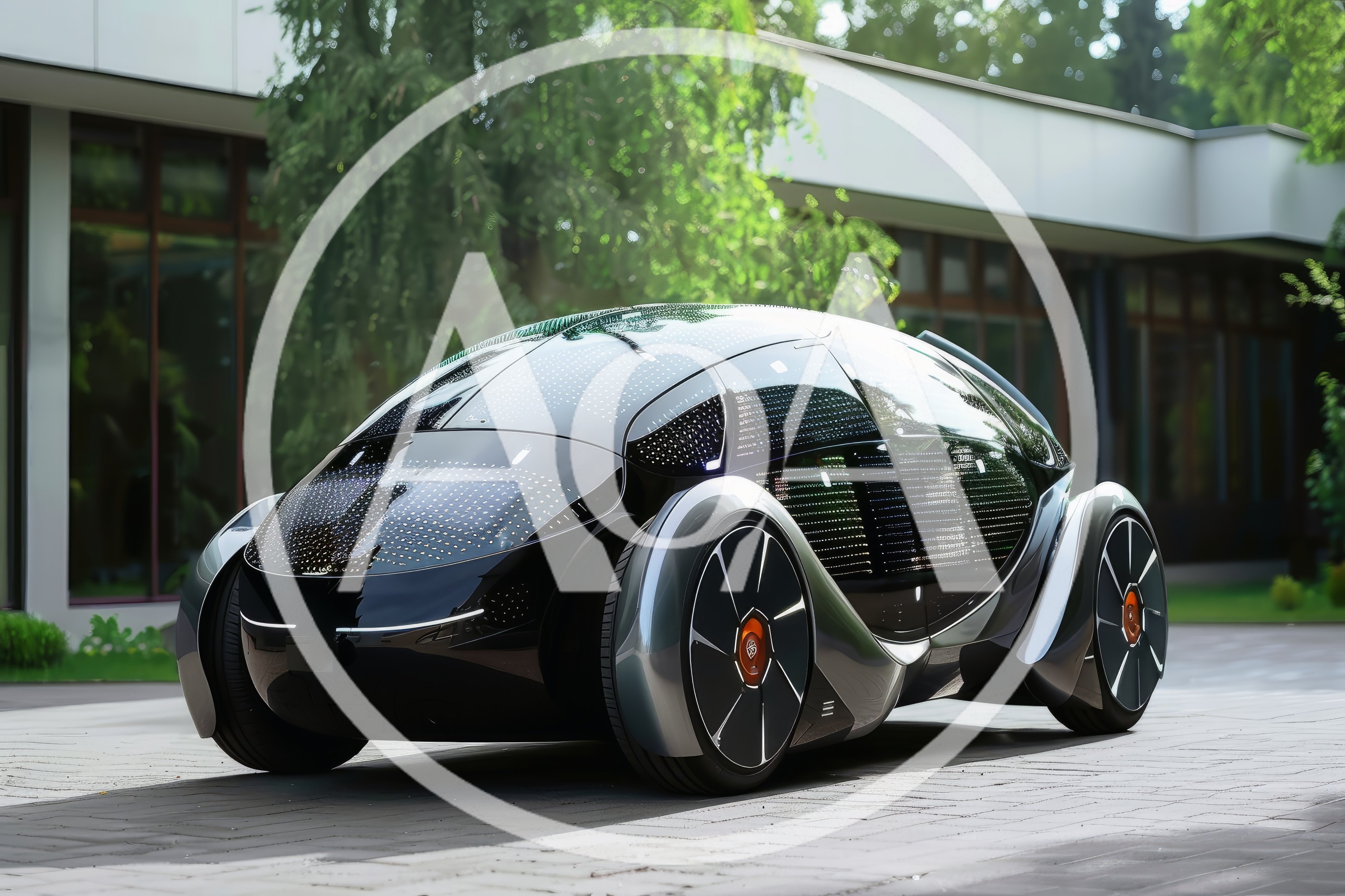 Futuristic Autonomous Concept Car Parked Outside Modern Building