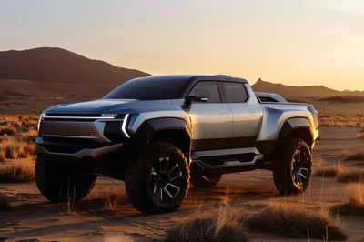 Futuristic Electric Pickup Truck In Desert Landscape