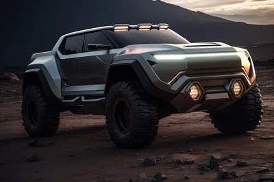 Futuristic Off-Road Concept Truck In Desert Landscape