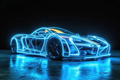 Neon Blue Wireframe Supercar Concept