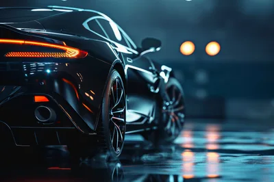 Sleek Black Sports Car Parked on Wet Surface
