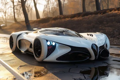 Futuristic White Concept Supercar On Wet Asphalt Road