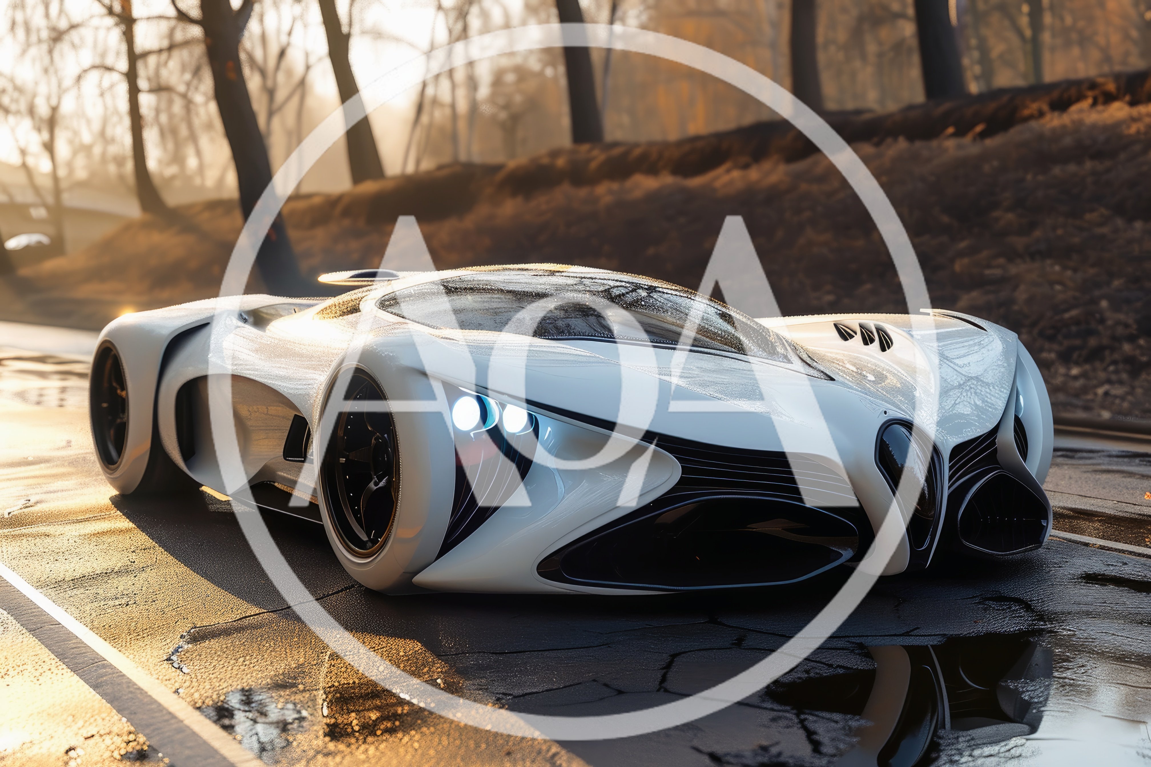 Futuristic White Concept Supercar On Wet Asphalt Road