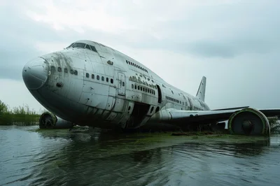 Abandoned Boeing 747 Wreckage Partially Submerged In Water